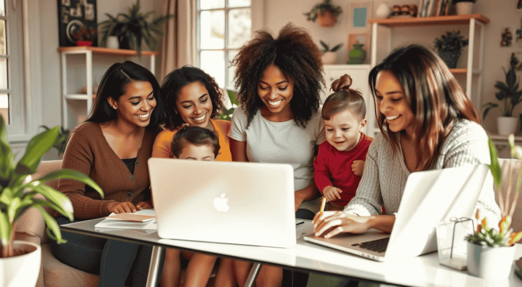 grupo de mulheres empreendedoras trabalhando juntas com seus filhos