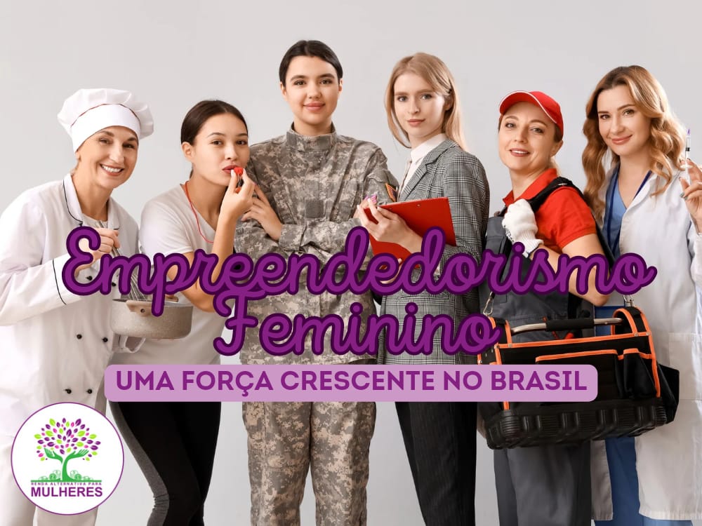 Fotos de mulheres em áreas como tecnologia, moda, gastronomia, saúde, educação, etc., mostrando a abrangência do empreendedorismo feminino.