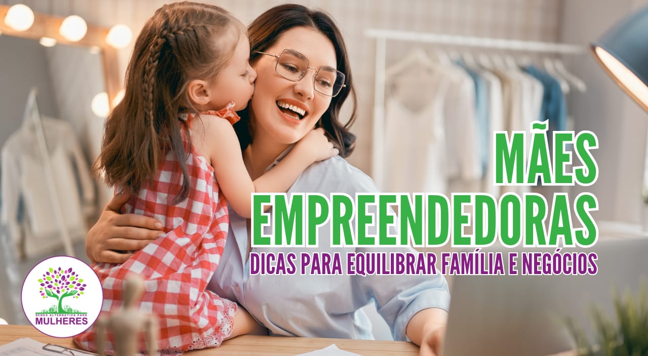 Mãe empreendedora com sua filha trabalhando em sua loja de roupas