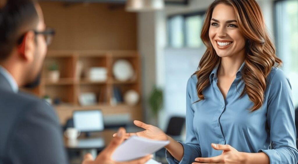 Mulher confiante em um ambiente de negócios sorrindo e colaborando