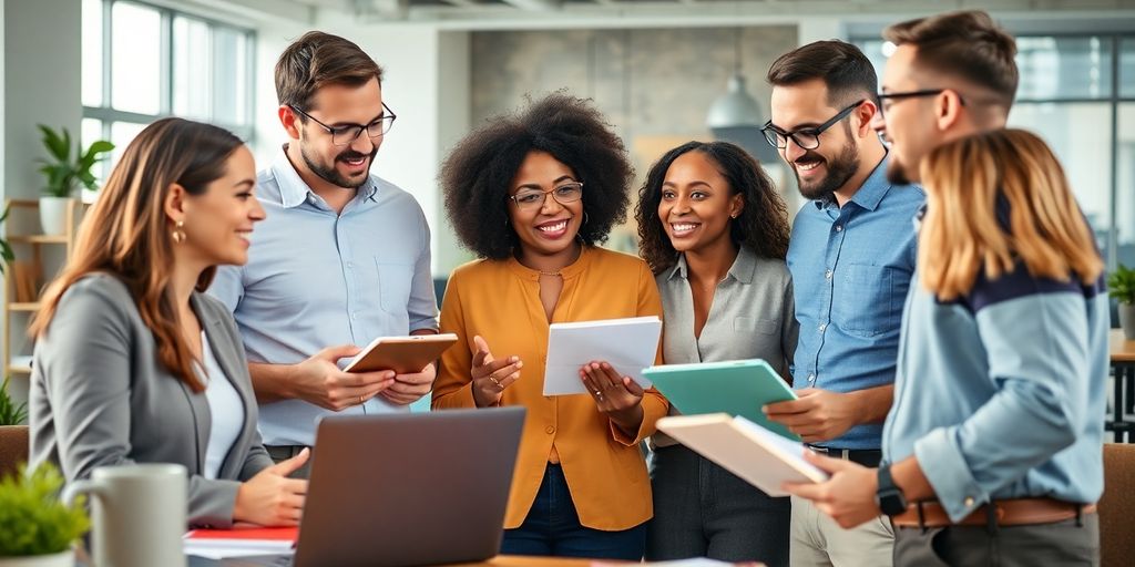 Grupo de empreendedores discutindo em um ambiente moderno.